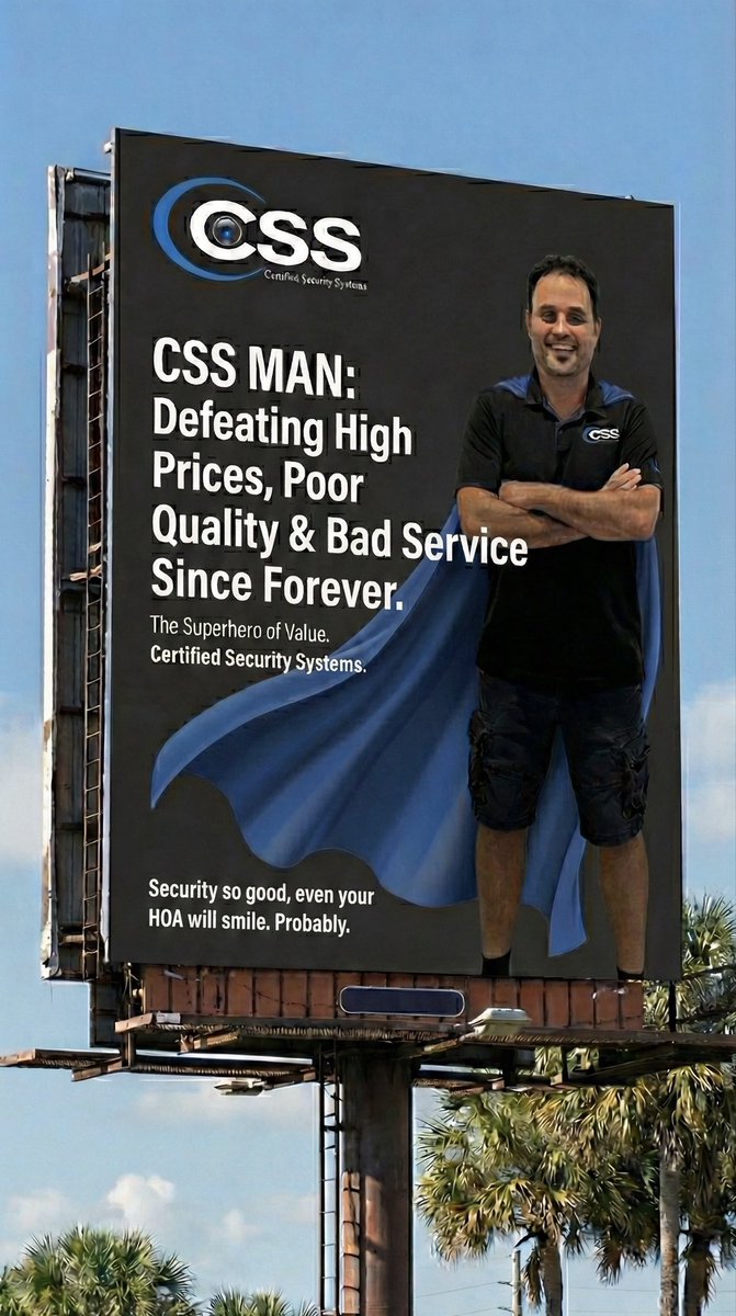 CSS_RPB_Florida's tweet image. The hero your wallet needs. 🦸‍♂️
CSS MAN: Defeating high prices &amp;amp; bad service.
(We’re still working on getting that HOA smile. We're optimistic. 😉)
#CSS #SecurityDoneRight