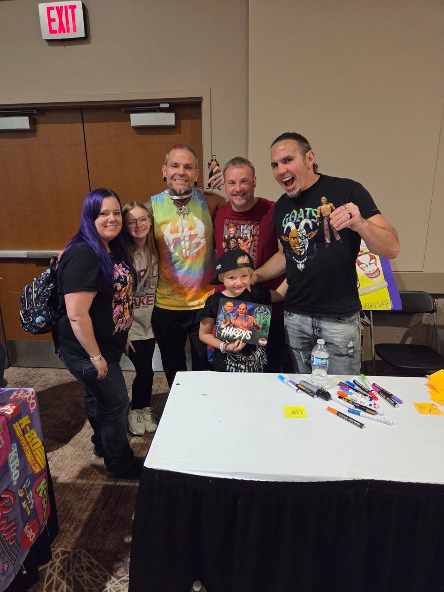 Chickothrottle's tweet photo. @MATTHARDYBRAND @JEFFHARDYBRAND had a great time meeting yall @WrestleCade my kids loved every second of it! But I am confused, on the back of my 8x10 autograph photo I got was written, Have A Beer With The APA Video Special. @JCLayfield is this real or just a fun prank lol. https://t.co/aMq1eFpYCr