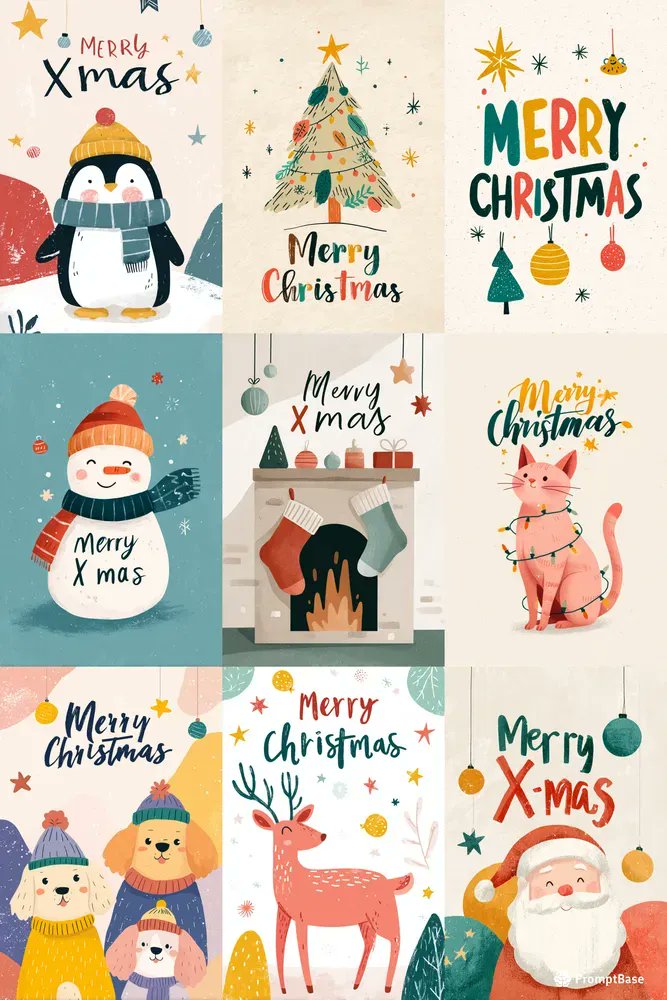 promptbase's tweet image. Cute Christmas Holiday Text Postcards by glorydays using Midjourney 🎄📬
