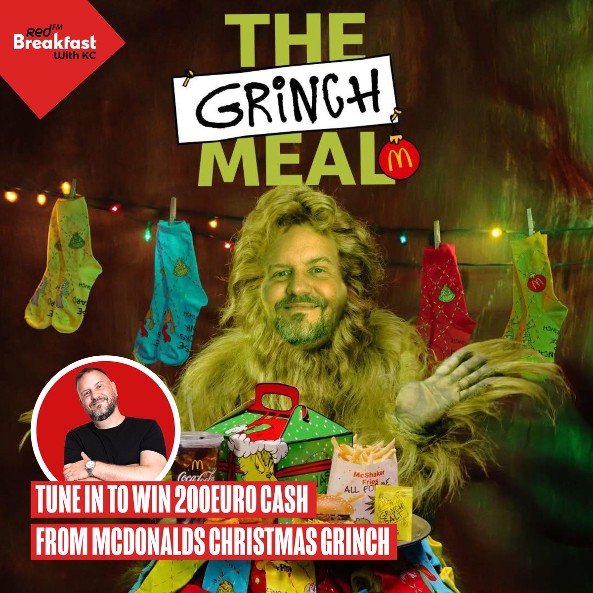 CorksRedFM's tweet image. Tune in this week to Breakfast with KC to WIN €200 cash from McDonald&apos;s Grinch 🎄🍟