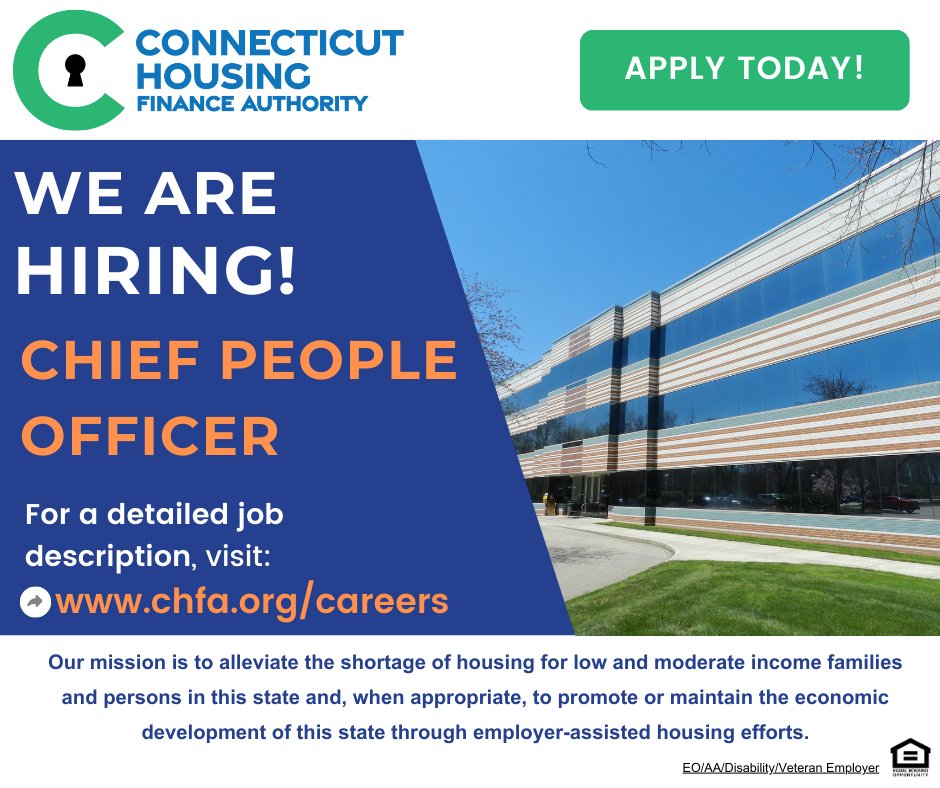 We're looking for a Chief People Officer! The position is responsible for developing and implementing the overall human resources strategy in support of CHFA’s mission and strategic goals.

🔗 Learn more and apply at: chfa.org/careers

#JobOpportunity #NowHiring