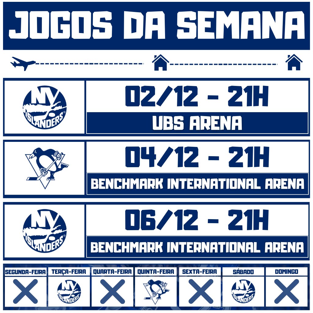 🗓️ JOGOS DA SEMANA 🗓️

E bora pra mais uma semana!!! semana boa para Tampa aumentar sua sequência de vitórias!!🙌🏾

• Islanders - 6° na Metropolitana com 29pts (13-10-3)
• Penguins - 5° na Metropolitana com 29pts (12-7-5)

#GoBolts