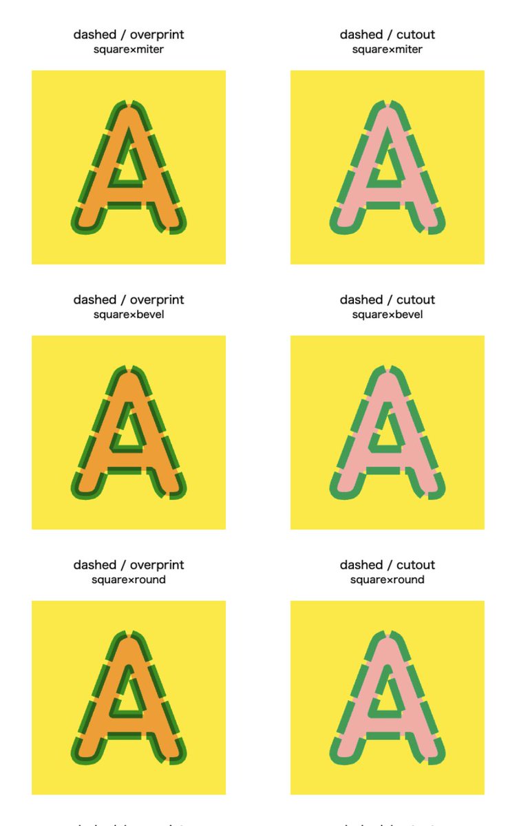 joki_hirooka's tweet image. 手が回っていなかったstrokeJoinとstrokeCap、製版モードの網羅的な掛け合わせチェックと調整。
#dailycoding #p5js #risograph