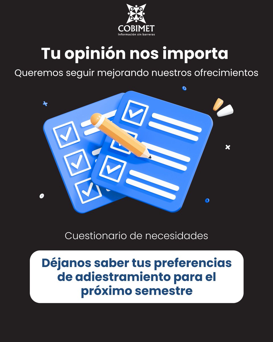 cobimet's tweet photo. Cuestionario de Necesidades de Adiestramiento 2026📝
Cada año utilizamos esta herramienta  para mejorar y ajustar nuestro programa de adiestramientos a tus necesidades específicas.
🗓️ Fecha límite hoy: 13 de enero de 2026

Cuestionario aquí: https://t.co/wjsZcWSQXY

#COBIMET https://t.co/k5KzI63lmu