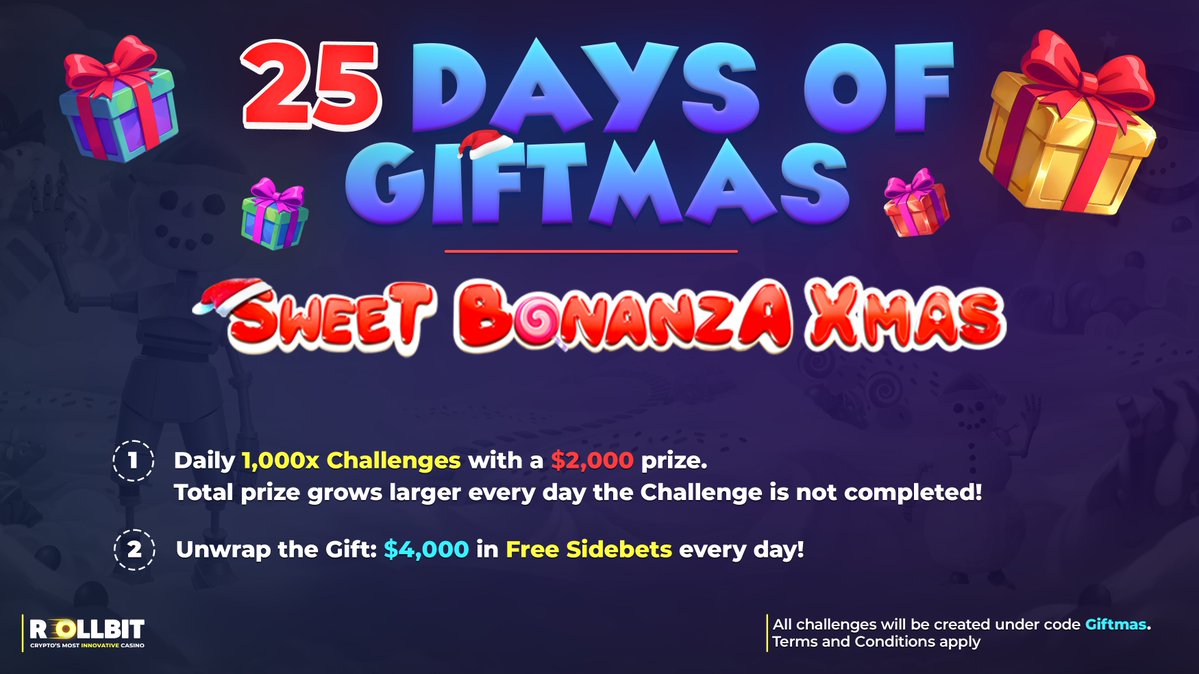 rollbit's tweet image. Ho Ho Ho here we go! December is here and we&apos;re spreading Giftmas cheer with $150,000 in Challenges &amp;amp; Coupon Codes!🎅

🎯25 Days of Challenges ($50,000)
- A new $2,000 Challenge on Sweet Bonanza Xmas will be created every day from December 1st to 25th.
- Be the first to achieve a…