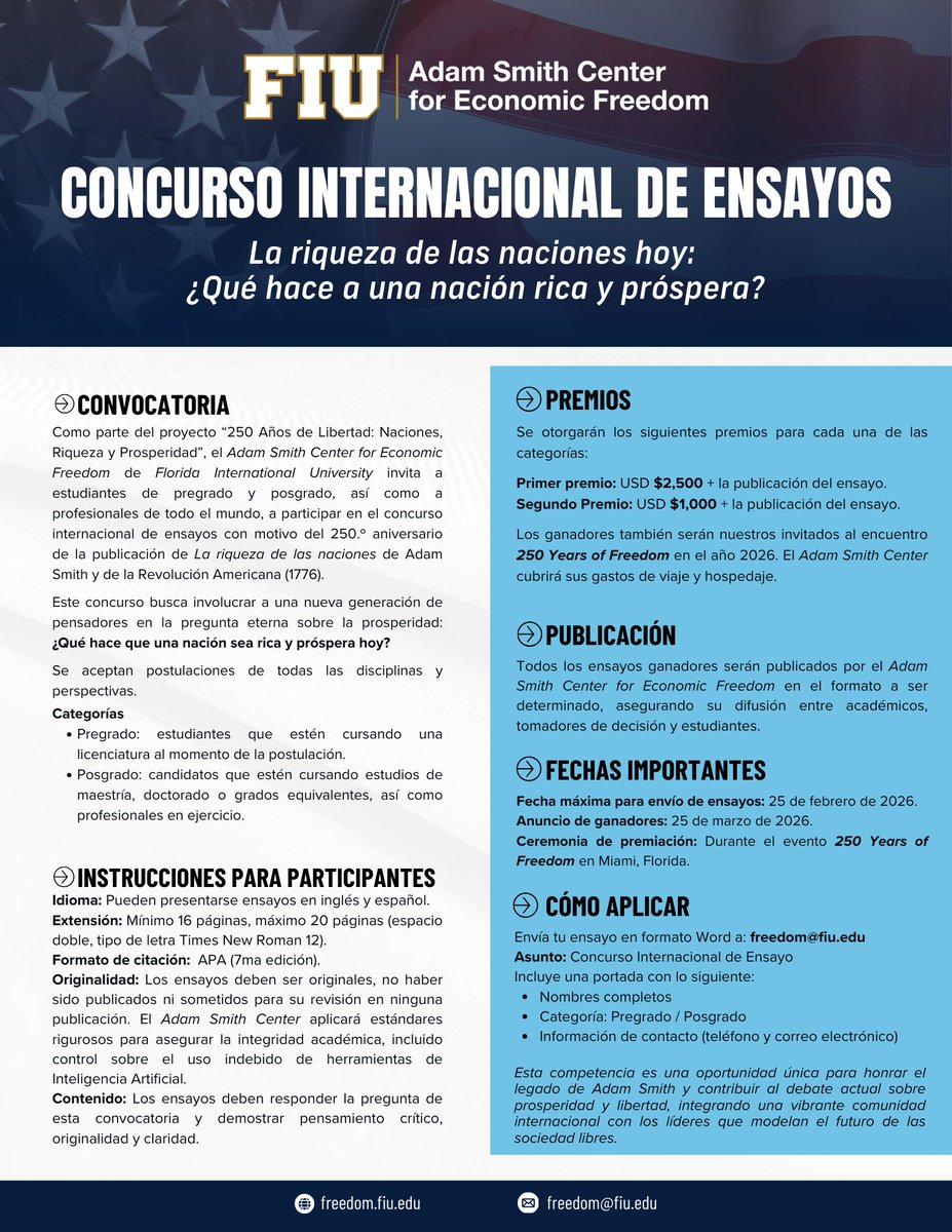 International Essay Competition – Now Open!

What Makes a Nation Rich and Prosperous Today?

The Adam Smith Center for Economic Freedom invites undergraduate and graduate students, as well as professionals from around the world, to participate in our international essay