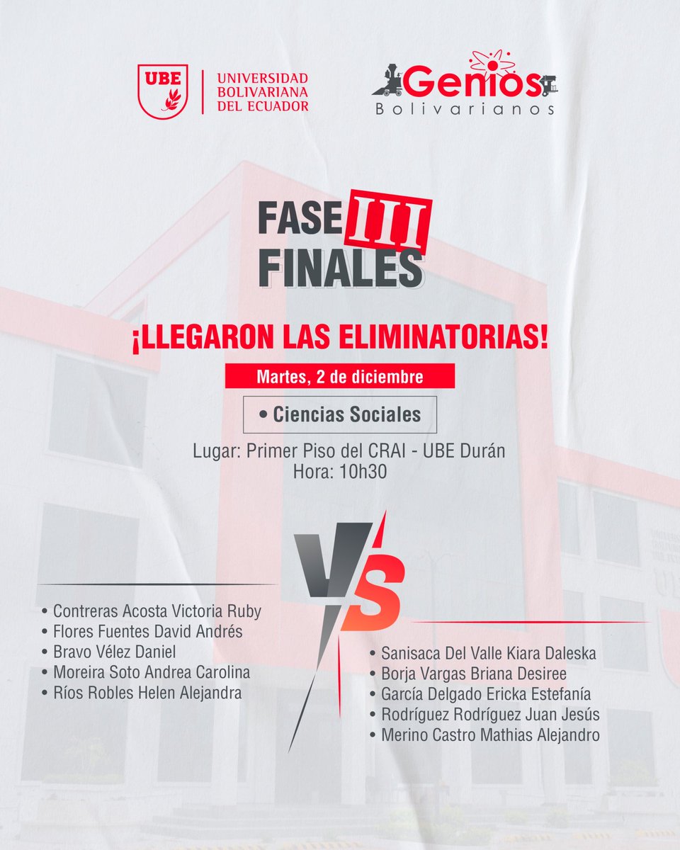 ¡Llegaron las Finales de Genios Bolivarianos 2025! 🏆

​Cada vez falta menos para conocer a los ganadores de Genios Bolivarianos 2025. ¡Te invitamos a presenciar estas emocionantes jornadas!

​🗓️ Cronograma de Finales:
​Martes 2 de Diciembre (Primer piso del CRAI):
- ​Lengua y