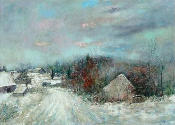.

“Yet my heart loves December's smile
As much as July's golden beam;
Then let us sit and watch the while
The blue ice curdling on the stream.”

― Emily Brontë
.

Bernard Gantner (1928 - 2018)
Ferme abandonnée sous la neige