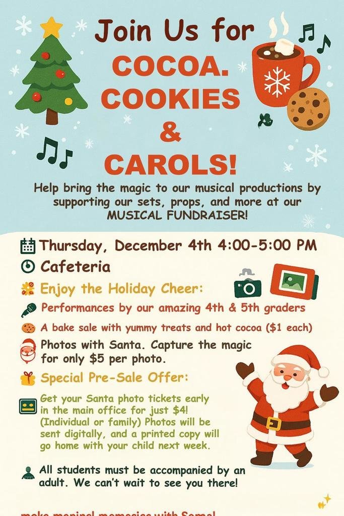 UnitySCCSD's tweet image. Join us for Cocoa, Cookies &amp;amp; Carols on Thu., Dec. 4 from 4–5 PM in the cafeteria! Enjoy student performances, treats, and photos with Santa. Pre-sale Santa photo tickets are $4 in the office. All students must be with an adult. Hope to see you!