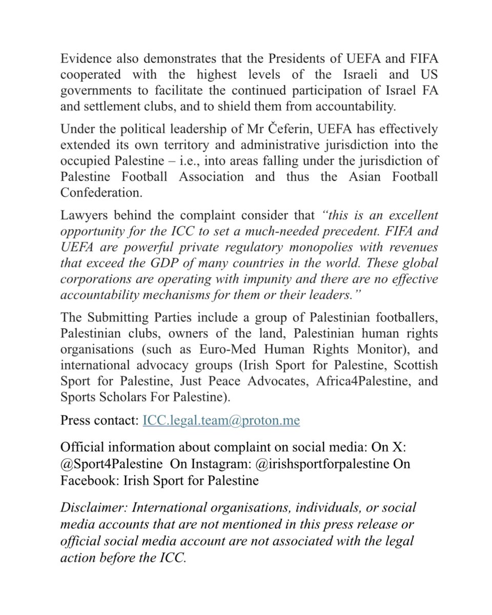 leylahamed's tweet image. A complaint will be filed at the International Criminal Court accusing FIFA’s Infantino and UEFA’s Čeferin of aiding war crimes and crimes against humanity. 

The case focuses on their approval of Israeli football clubs based in illegal settlements on occupied Palestinian land 👇🏽
