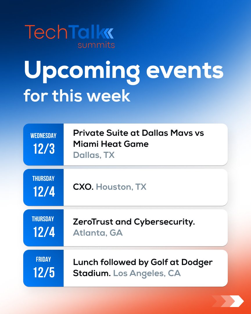 techtalksummits's tweet image. Happy Monday from #TechTalkSummits. We hope everyone had a great holiday weekend! Coming up this week:

Wednesday 12/3 - Dallas Mavs vs. Miami Heat Game - Dallas, TX
Thursday 12/4 - CxO Summit - Houston, TX
Thursday 12/4 - Zero Trust &amp;amp; Cybersecurity CxO - Atlanta, GA
Friday 12/5…