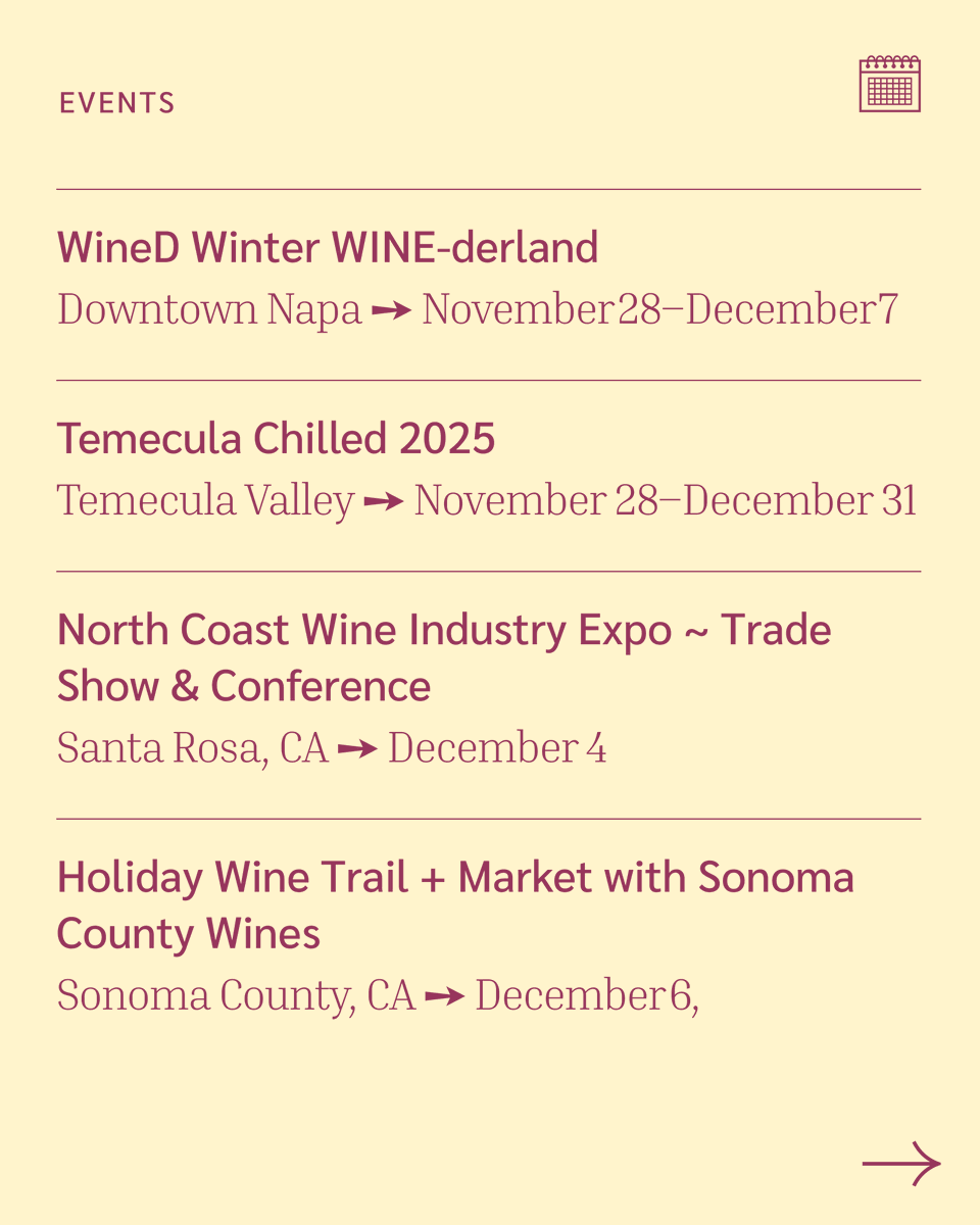 ClaretPlan's tweet image. WIN Expo, BevNET, Brewbound, Temecula + Sonoma holiday trails, and yes — Champagne Day is on the calendar. 🍾📅

Swipe through the full list 👉

#BevAlc #BeverageIndustry #WineBusiness #DrinkDays