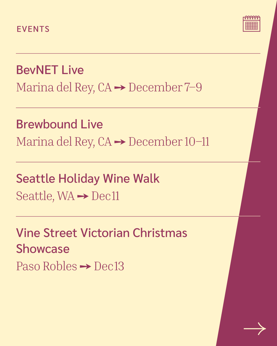 ClaretPlan's tweet image. WIN Expo, BevNET, Brewbound, Temecula + Sonoma holiday trails, and yes — Champagne Day is on the calendar. 🍾📅

Swipe through the full list 👉

#BevAlc #BeverageIndustry #WineBusiness #DrinkDays