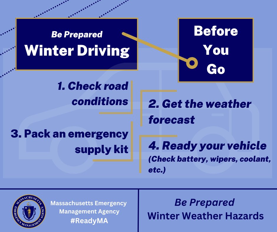 MassEMA's tweet image. With the first winter storm of the season approaching, it's important to be prepared before you drive. Travelers should allow for extra travel time and check forecasts for their routes and destinations.
Here are some tips to keep you safe: mass.gov/winter-weather…