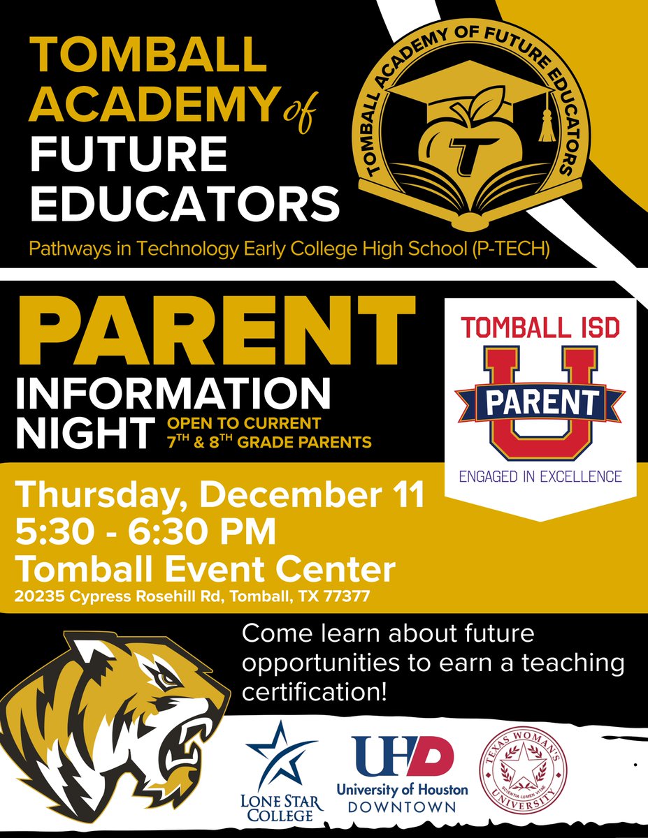 🌟NEW Parent U Session 🌟

Tomball Academy of Future Educators (TAFE) Parent Info Night

Session is designed for parents of current 7th and 8th graders and will provide an overview of the program &amp; learn how to earn future teacher certifications.

More: tomballisd.net/tafe