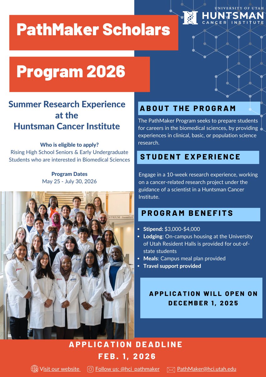 PathMaker_HCI's tweet image. Applications OPEN TODAY!
PathMaker Scholars at Huntsman Cancer Institute is now accepting applications for its paid 10-week summer cancer research program for rising seniors &amp;amp; early undergrads.
Deadline: Feb 1, 2026
Apply: lnkd.in/gEsirCJe