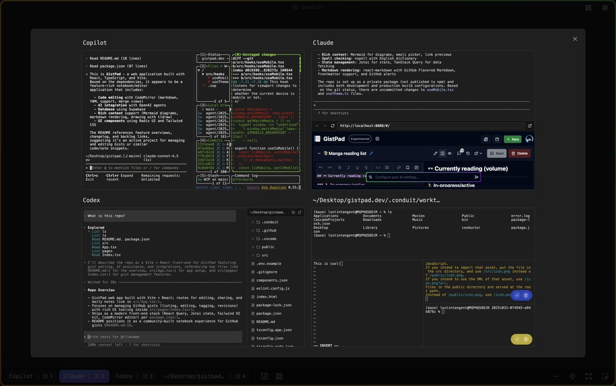 LostInTangent's tweet image. Over the last few weeks, I&apos;ve been hacking on a tool to organize tasks with coding agents. It allows designing workspaces of terminals/editors/browsers, is  automatable, and let&apos;s you zoom in/out/across work. As far as personal software goes, it&apos;s a fun example of what AI enables