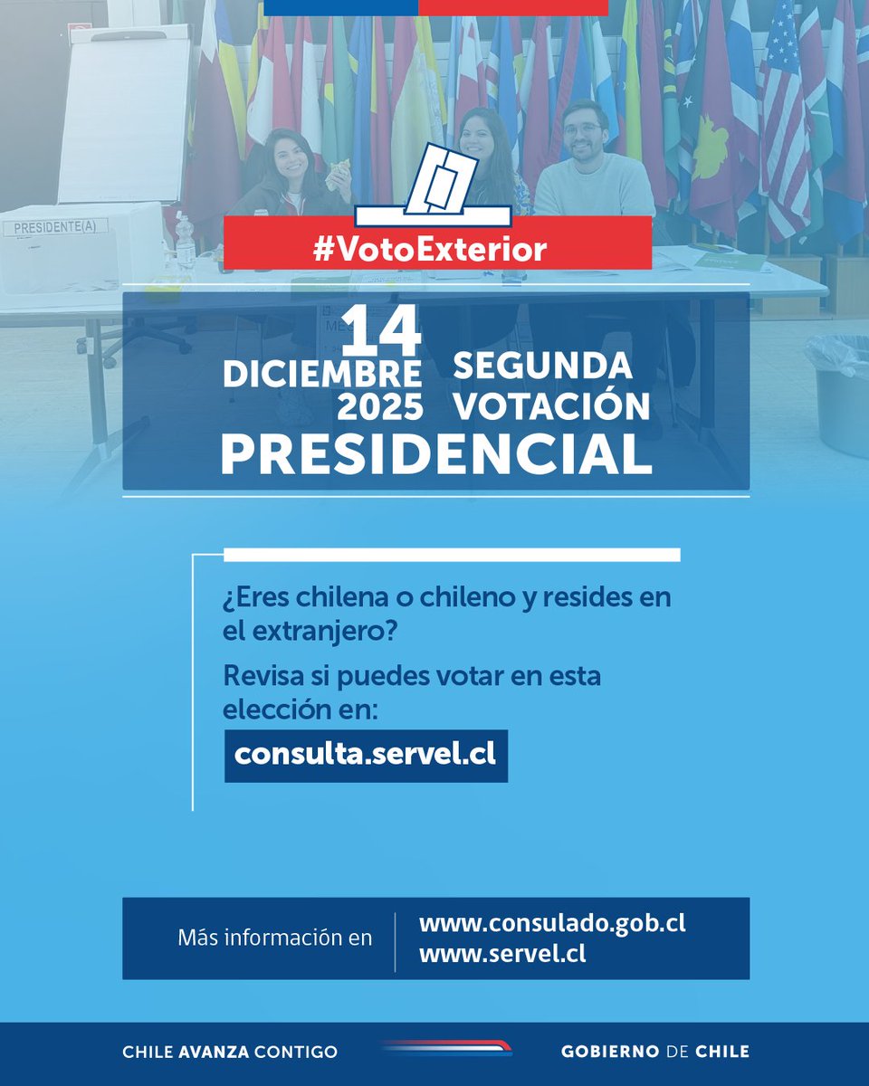 ConChilePanama's tweet photo. 🗳️ #VotoExterior | ¿Quiénes pueden votar en la segunda votación Presidencial del 14 de diciembre?
Conoce los detalles del voto de chilenas y chilenos en el extranjero en https://t.co/vyvZeBRmui https://t.co/UBfK5VWsdF