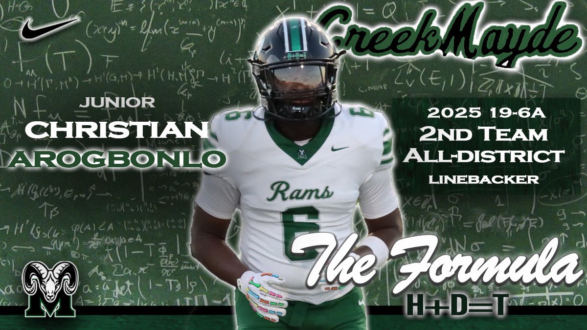 Congratulations to junior linebacker and team captain <a href="/ChristianArogb/">Christian “CJ” Arogbonlo</a> on being selected 19-6A 2nd Team All-District!!!

The middle of our defense, CJ is one of the top tacklers in the district! His playmaking and leadership are the foundation of our defense!

#WeAre #CreekMayde
