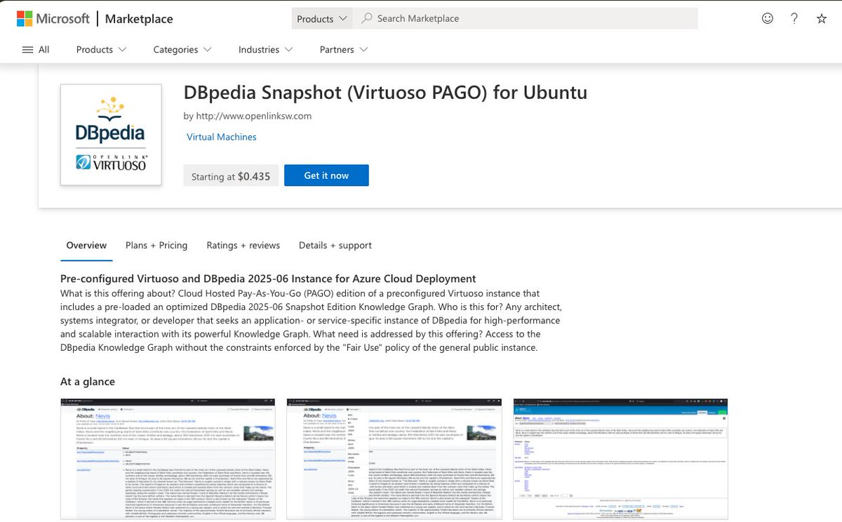 OpenLink's tweet image. DBpedia 2025-06 is now available on the @Azure  Marketplace.  With a single click, you can instantiate a pre-configured DBpedia Knowledge Graph instance tailored to your specific use cases.  

👉 marketplace.microsoft.com/en-us/marketpl…

#DBpedia #Cloud #KnowledgeGraphs #GenAI