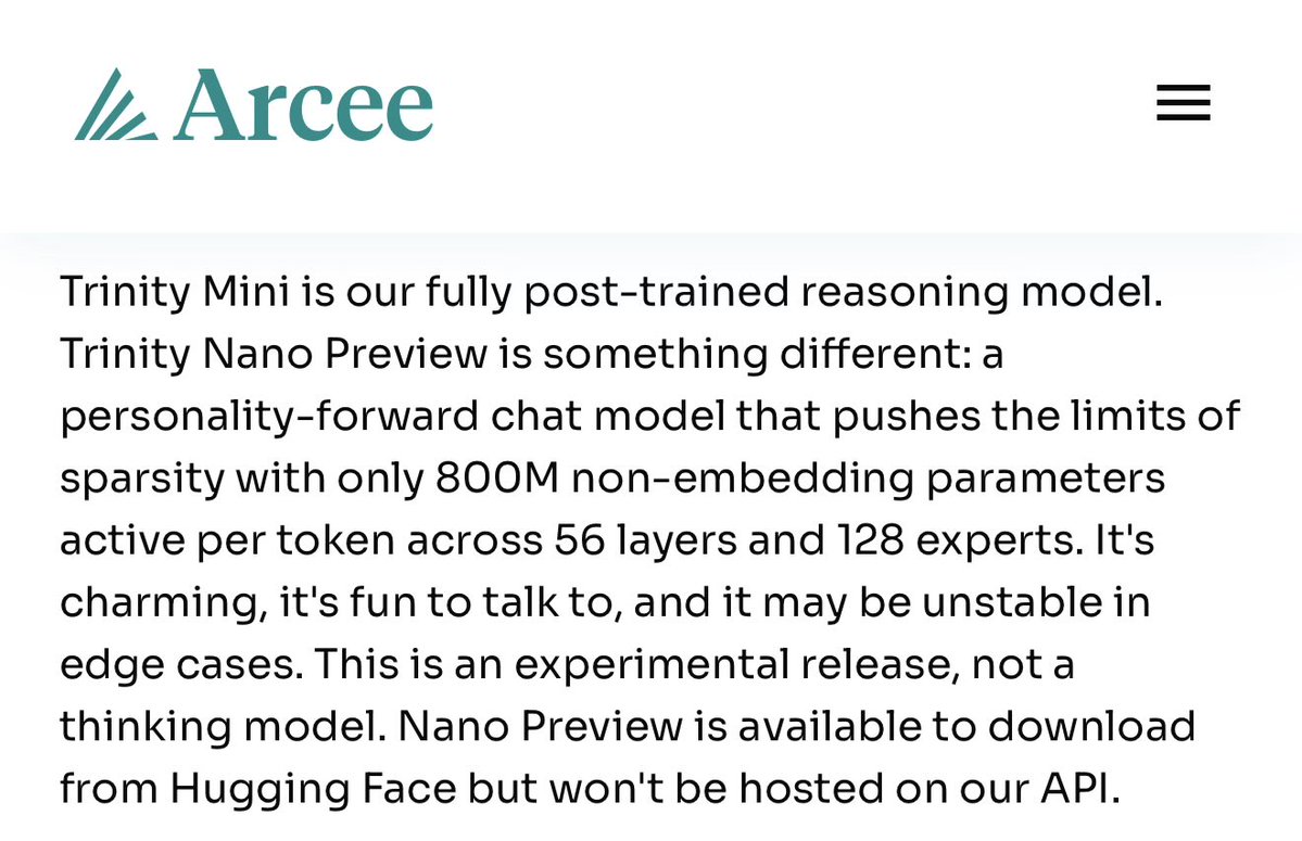 xeophon_'s tweet image. Read the blog, it’s probably one of the densest information texts I’ve read in a long time. Covers everything from motivation to arch and infra but doesn’t sugarcoat with selective benches 

Arcee is a serious open model lab, can’t wait to play with the models.