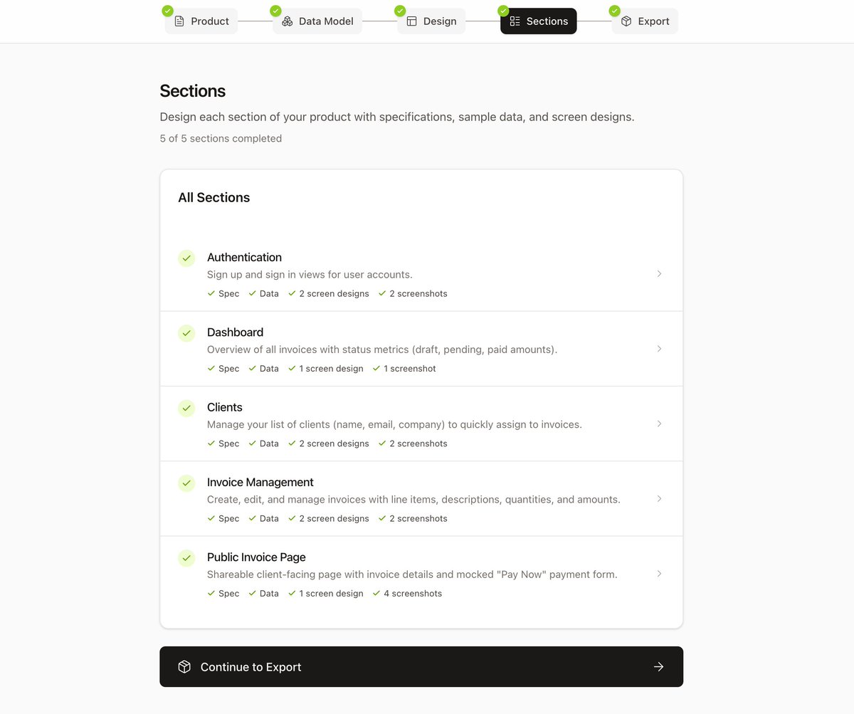 CasJam's tweet image. (1/3) How Design OS will work:

You + AI in a guided design process:

1. Product concept
2. Roadmap (key areas)
3. Data model
4. Design system
5. Screen designs
6. Export to your codebase...