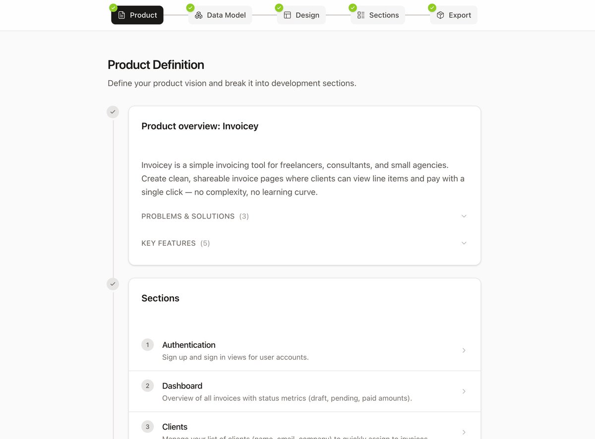 CasJam's tweet image. (1/3) How Design OS will work:

You + AI in a guided design process:

1. Product concept
2. Roadmap (key areas)
3. Data model
4. Design system
5. Screen designs
6. Export to your codebase...