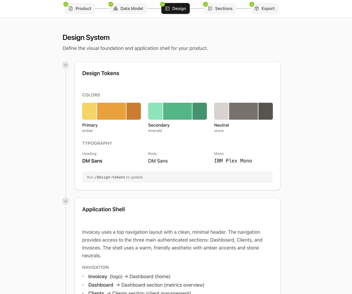 CasJam's tweet image. (1/3) How Design OS will work:

You + AI in a guided design process:

1. Product concept
2. Roadmap (key areas)
3. Data model
4. Design system
5. Screen designs
6. Export to your codebase...