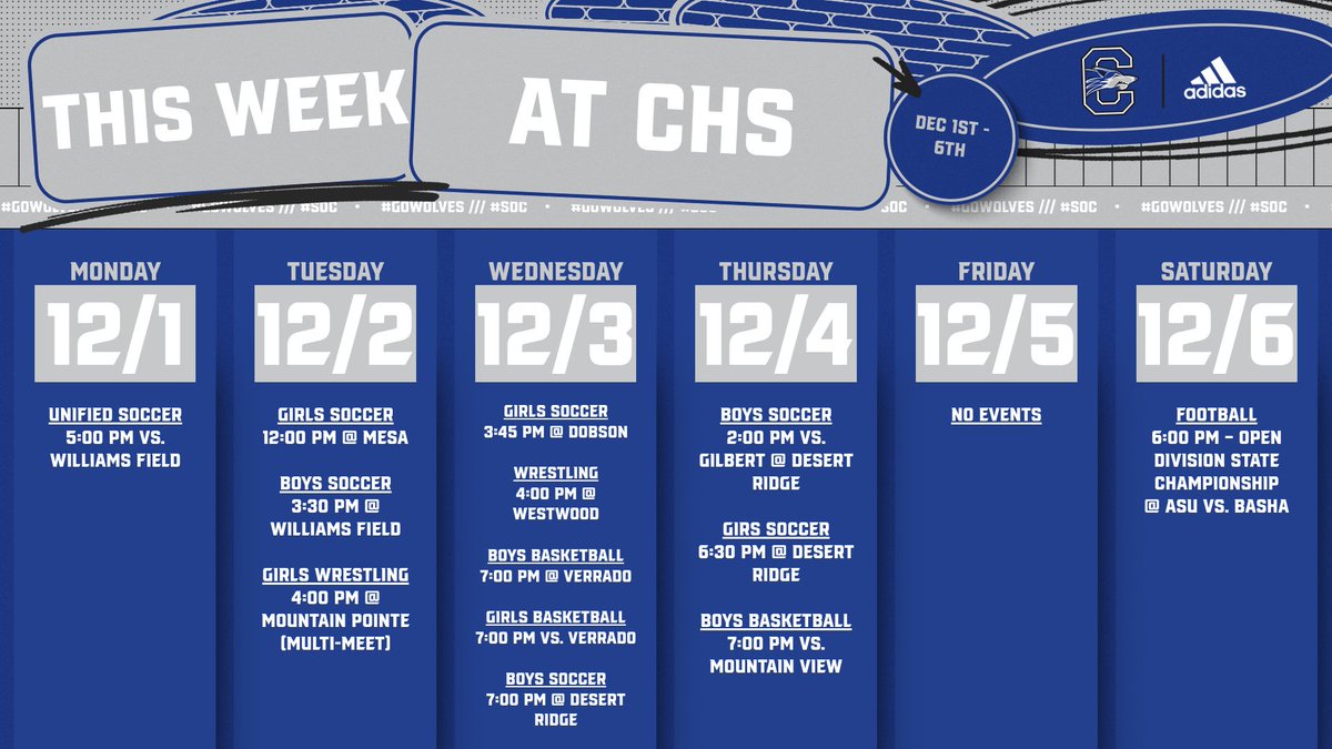 SOC_CHSWOLVES's tweet image. THIS WEEK AT CHS: Dec 1st - 6th.

Winter Sports are all in action, and the Open Division Football Championship on Saturday!

#GoWolves /// #SOC
