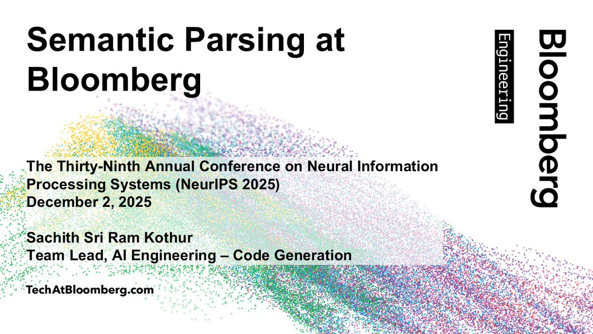 TechAtBloomberg's tweet image. At #NeurIPS2025 today (1:30 PM PST), #AI engineer Sachith Sri Ram Kothar is delivering a sponsored talk about #codegeneration &amp;amp; #semanticparsing&apos;s potential to democratize access and empower users to perform complex financial analyses and analytics
bloom.bg/4rsoa7j
#NLProc