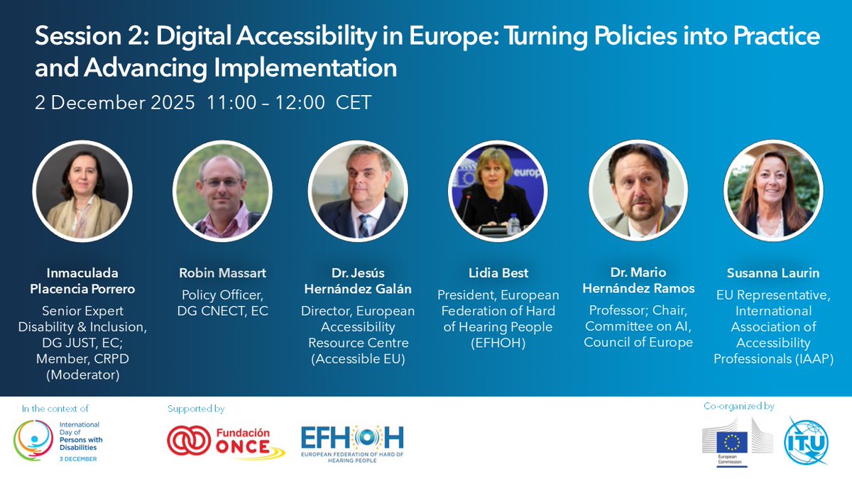 ITUEurope's tweet image. Session 2 is happening! Focusing on turning #DigitalAccessibility policies into practice across Europe - a crucial conversation on implementation!

🗣️@EU_Justice @JHernandezGalan @best_lidia @efhoh @MarioHrdezRamos @coe @SusannaLaurin @IAAP_EU

#AccessibleEurope #Implementation