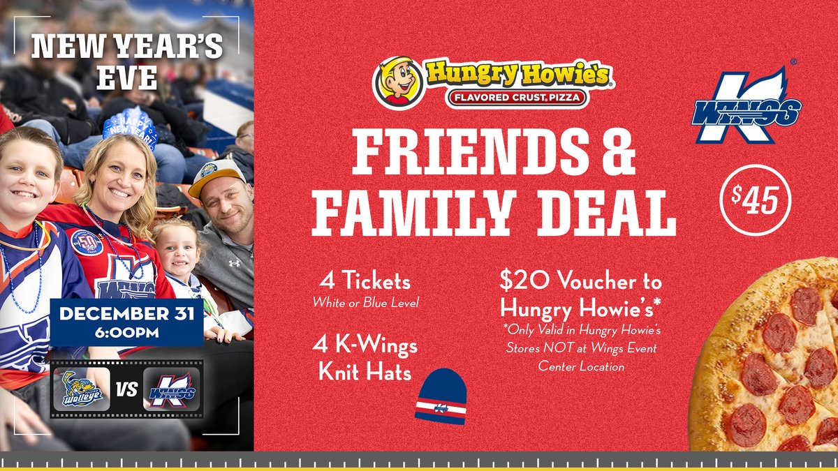 The countdown to midnight starts at puck drop🏒🎊🎆

Score 4 tickets, 4 K-Wings knit hats, and a $20 Hungry Howie’s voucher, all for just $45 🎉

Grab the Friends &amp; Family Deal and close out the year the fun way! 🥳⏱️

PURCHASE HERE 👉etix.com/ticket/c/2A7B6…