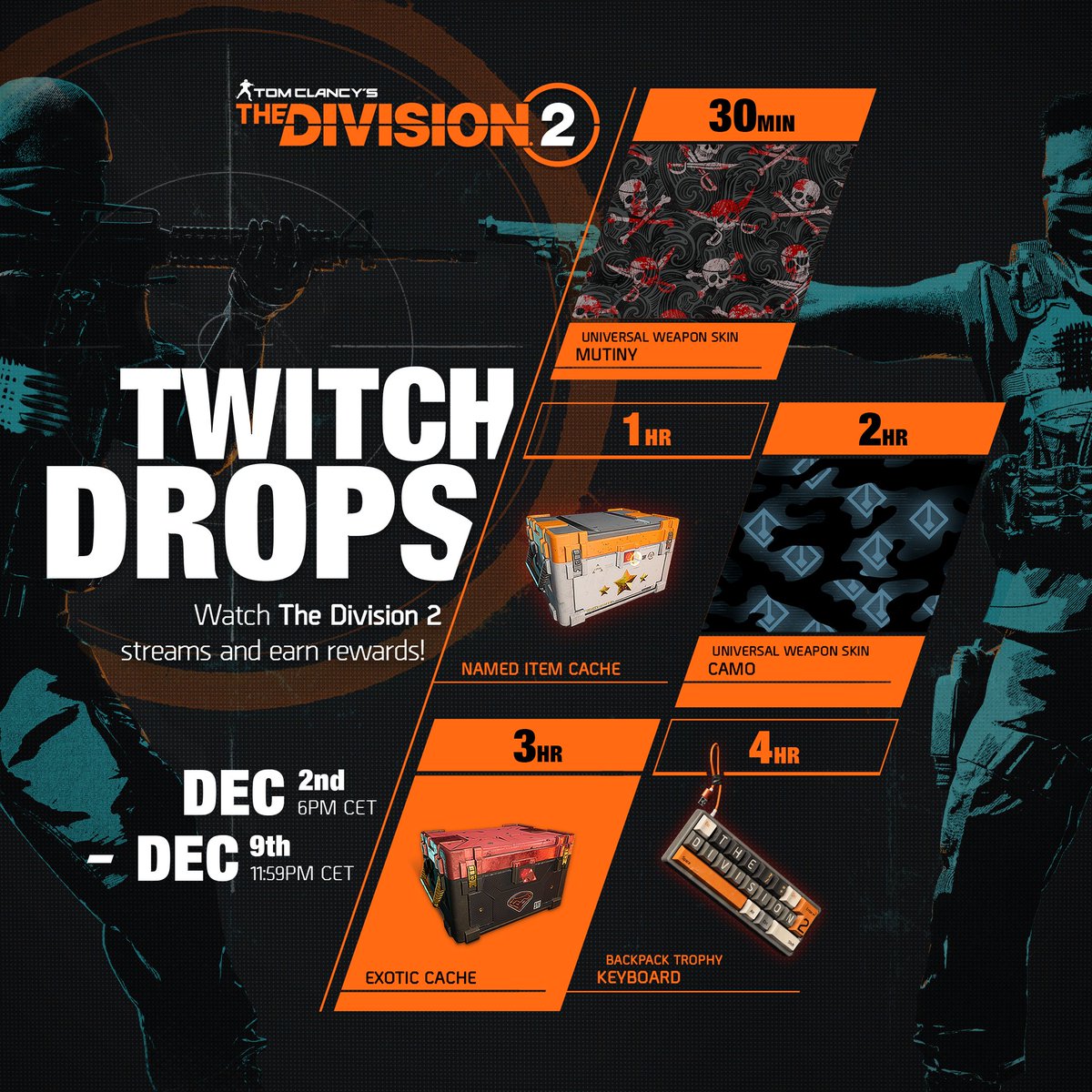 I'll be live shortly with Arc Raiders but tomorrow get ready for some twitch drops in Division 2!!! Here is what you can get!