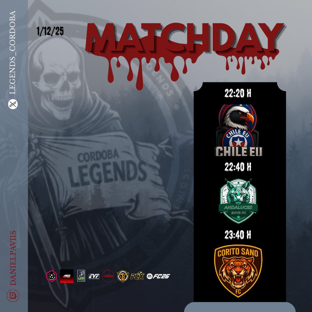 ⚽️MATCH DAY 1/12/25⚽️

🏆 | <a href="/VPCL_Spain/">VPCL España</a> 🆚 #ChileEUesports ⏰22:20H

🏆| <a href="/AFJLeague/">AFJ España 🇪🇸 🎮</a> 🆚 <a href="/andalucesboys/">AndalucesBoys FC</a> ⏰22:40H

🏆| <a href="/CPG__eSports/">Competitive Pro Gaming</a> 🆚 <a href="/coritosano2017/">Corito Sano</a> ⏰23:40H

📺 <a href="/danielpaviis/">Daniel pavon</a>
#CDL #Fc26 #fifa #clubespro