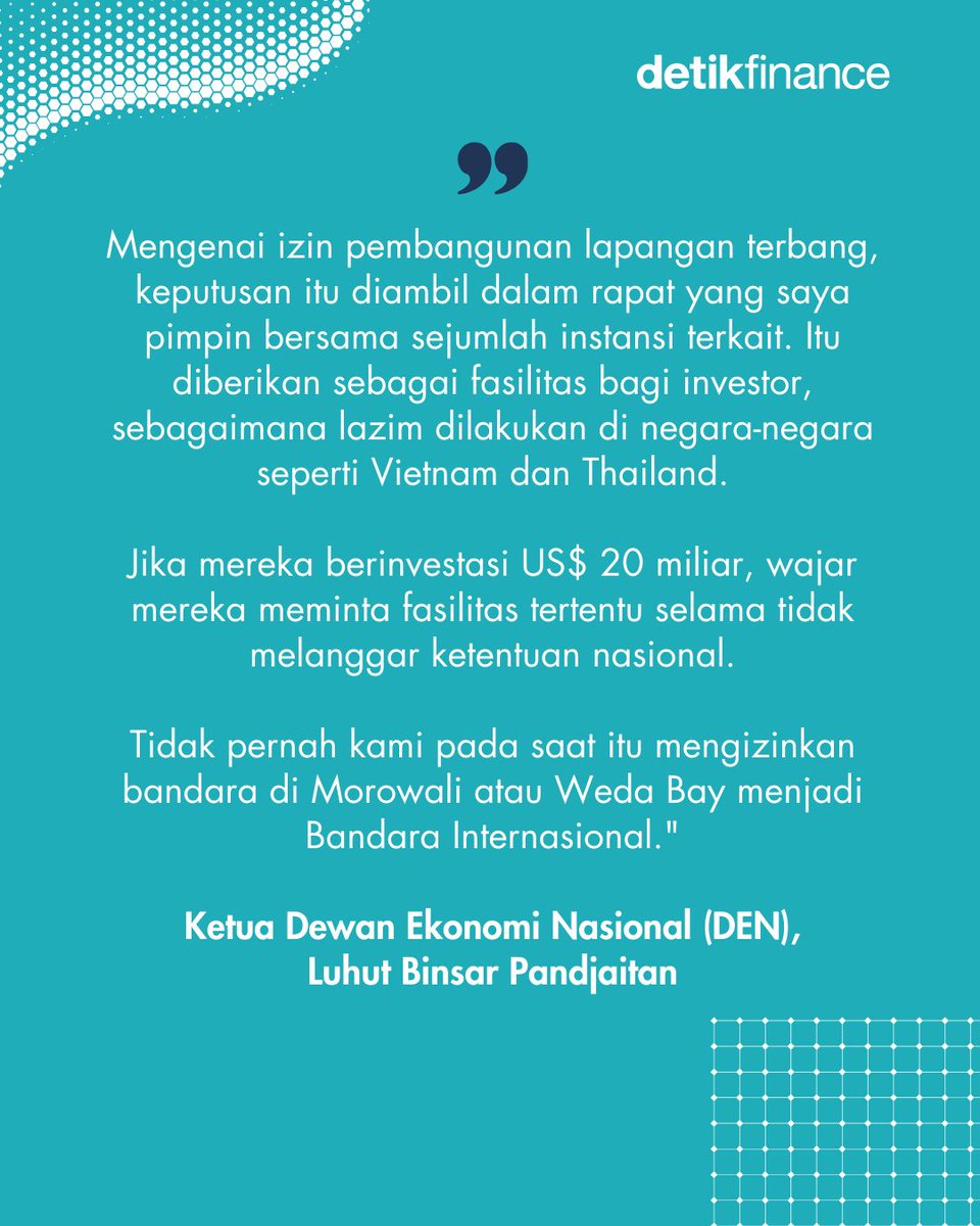 detikfinance's tweet image. Terungkap! Ketua Dewan Ekonomi Nasional (DEN) Luhut Binsar Pandjaitan akhirnya buka-bukaan soal awal mula hadirnya Bandara IMIP Morowali.

&amp;gt;&amp;gt; finance.detik.com/infrastruktur/…

#IMIP #BandaraIMIP #Luhut #Jokowi #Investasi