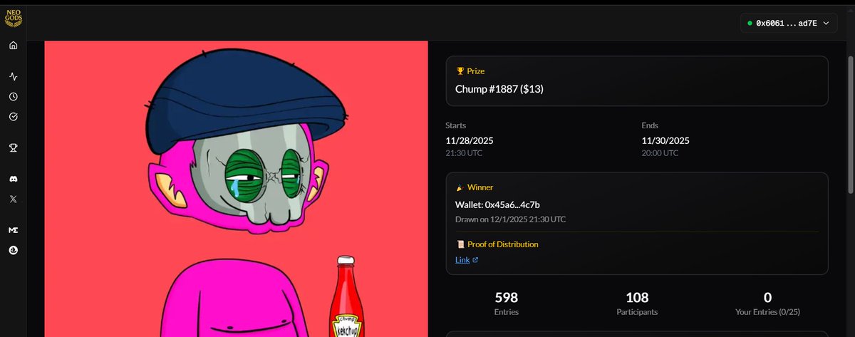 This Holders Raffle has ended! 🎉

🏆 Winner: 0x45a6bb00538ec4e85b5ba1380853ecf6f8164c7b

👏 Congratulations, the prize has been sent.

📎 Proof of distribution has been attached: basescan.org/tx/0x222692170…