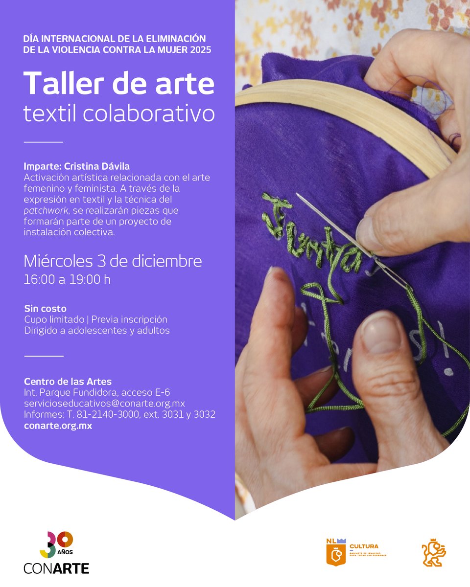 Explora el arte femenino y feminista a través del textil y la técnica de patchwork. Crea una pieza propia y forma parte de una instalación colectiva que celebra la expresión y la memoria compartida.

🔹Inscripciones en línea 🔗 shorturl.at/Innza
#CulturaNL