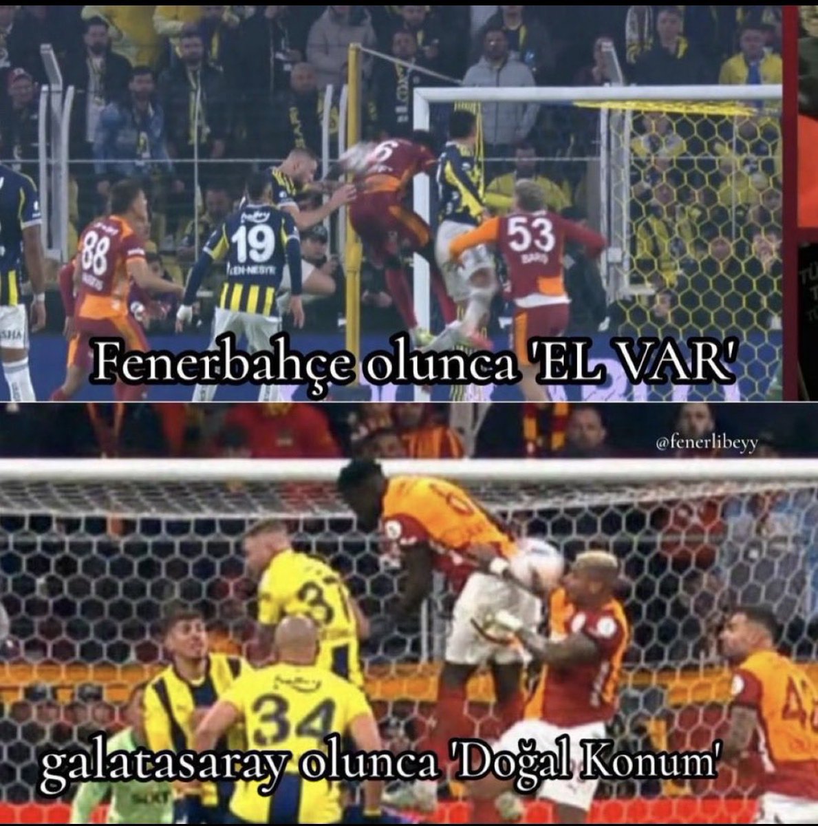 Aynı pozisyon, aynı temas…
Fenerbahçe olunca el ‘VAR’, Galatasaray olunca ‘doğal konum’.