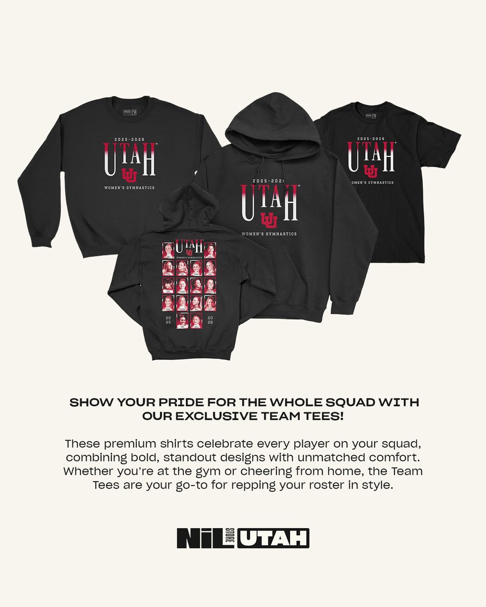 UtahNILStore's tweet image. Our drop featuring the entire squad! 

Rep @UtahGymnastics in their new team tee 

Shop discounted for Cyber Monday: nil.store/utah/products/…