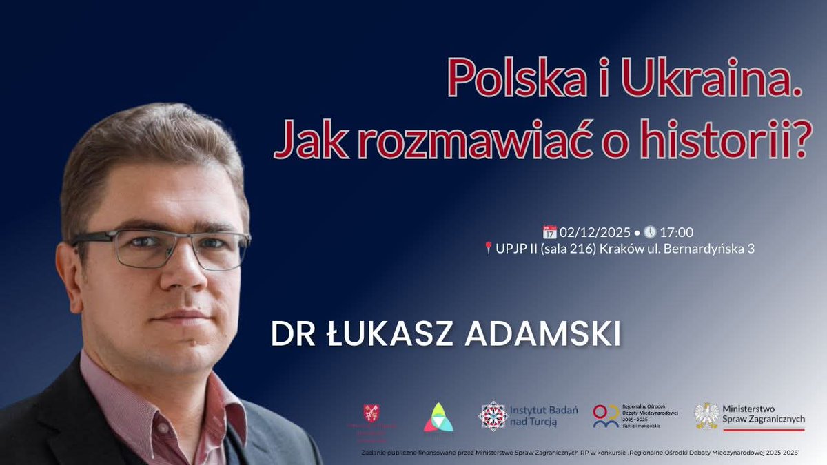 📢 Zapraszamy na spotkanie z dr. <a href="/LukaszAdamskiPL/">Łukasz Adamski</a>, które odbędzie się już jutro (02.12)! Będzie ono poświęcone dialogowi historycznemu między Polską a Ukrainą. 

⏰ 17:00
📍 Uniwersytet Papieski Jana Pawła II w Krakowie, ul. Bernardyńska 3 (sala 216)

➡️ facebook.com/share/1BJhi1uR…