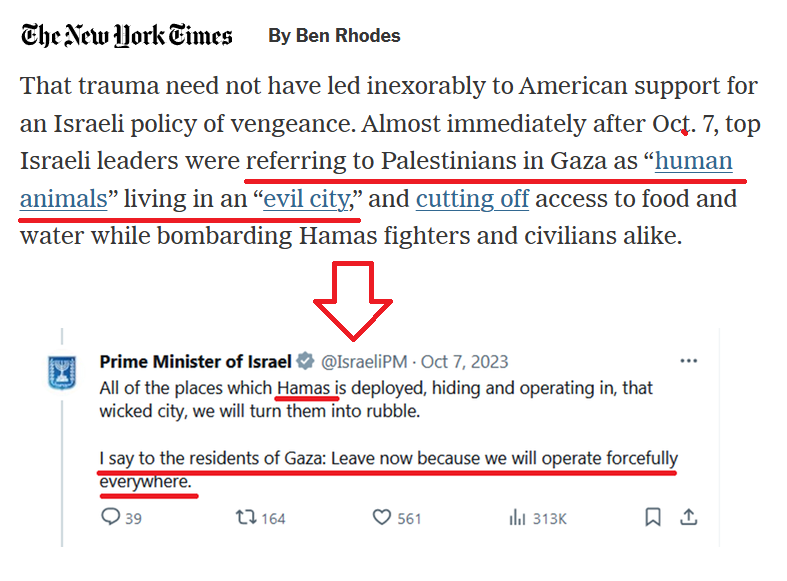 Aizenberg55's tweet image. In today's @nytimes piece @brhodes lies about quotes by Israeli leaders, proving the weakness of the "genocide" case. Gallant never called Palestinians "human animals" and Bibi cited "Hamas" in reference to the "wicked city." Rhodes lies like all "experts" on this matter. 1/2