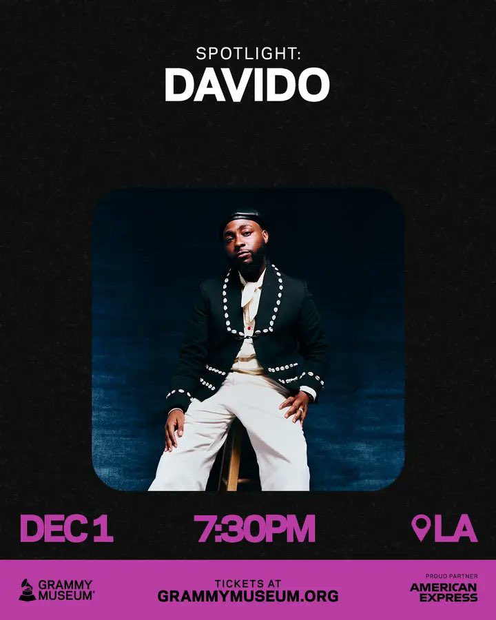 hypetribeng's tweet image. 🚨DAVIDO LIVE AT THE #GRAMMYs  MUSEUM

📍LOS ANGELES, CALIFORNIA 🇺🇸 

LIVE TONIGHT!
