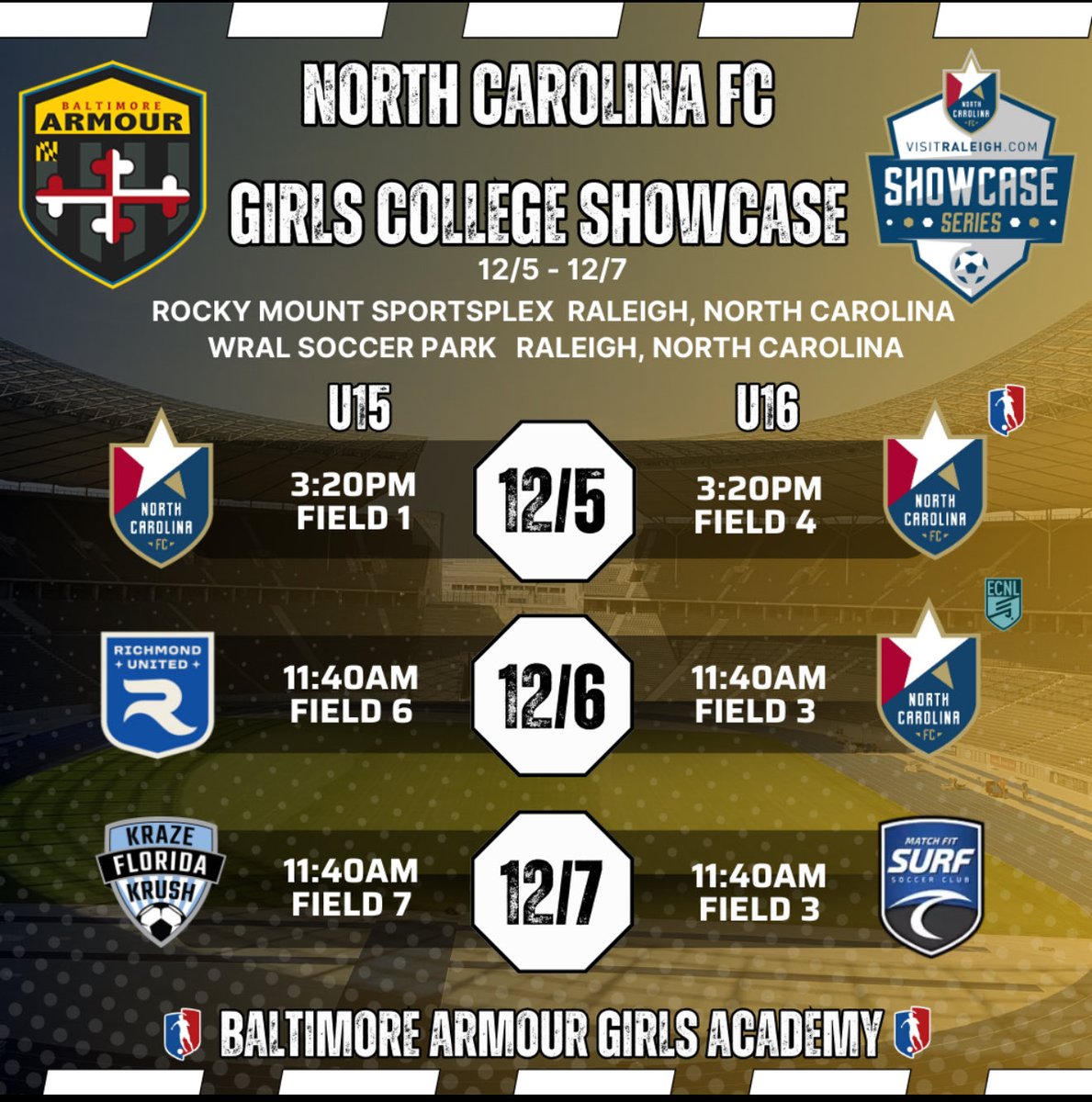 🚨Schedule Update! A second match-up has been added to the U17 schedule during the NCFC Girls College Showcase this week. All schedules for U15-U19 reposted. <a href="/bmorearmour/">Baltimore Armour</a> <a href="/girlssoccernet/">Girls Soccer Network</a> <a href="/GAcademyLeague/">Girls Academy</a> <a href="/TheSoccerWire/">SoccerWire</a> <a href="/TopDrawerSoccer/">TopDrawerSoccer</a> <a href="/PrepSoccer/">Prep Soccer ⚽️</a> <a href="/ImYouthSoccer/">ECNL/GA/Recruiting/College Soccer</a> #ncfc