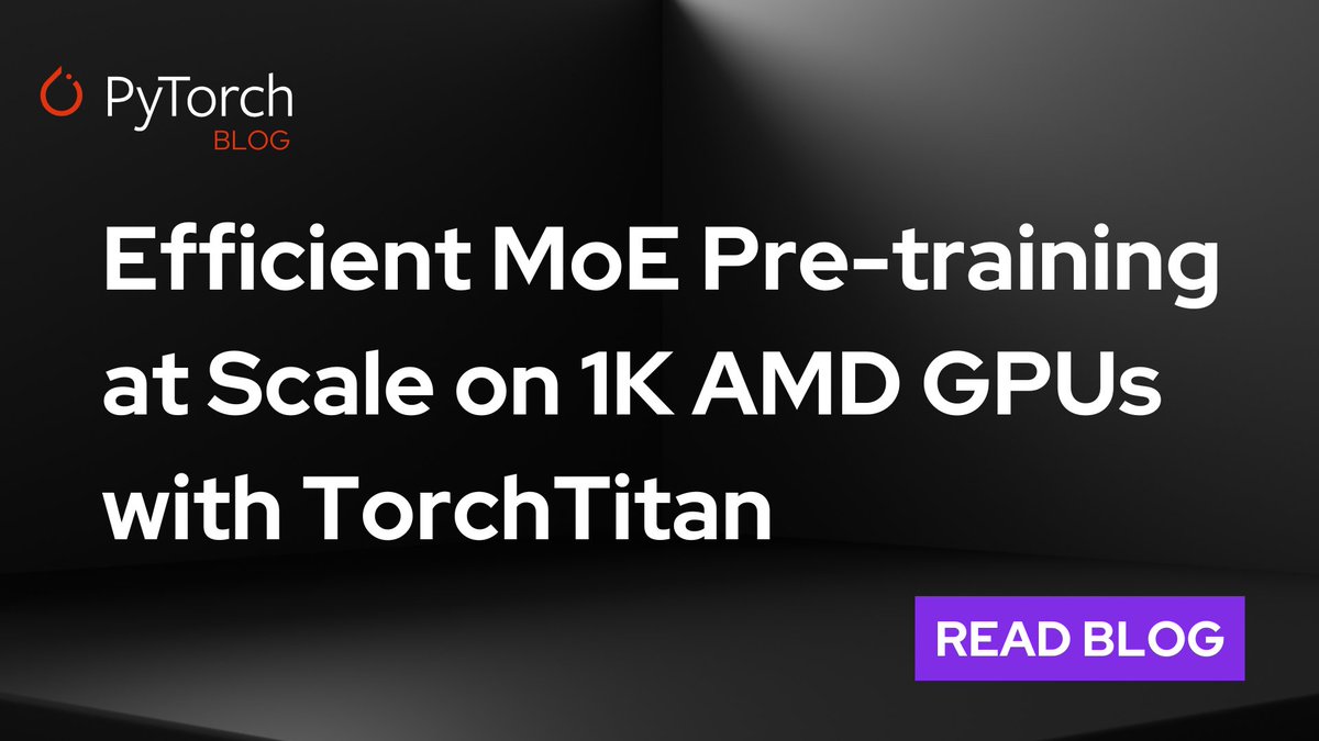 PyTorch's tweet image. Training massive Mixture-of-Experts (MoE) models like DeepSeek-V3 and Llama 4-Scout efficiently is one of the challenges in modern AI. These models push GPUs, networks, and compilers to their limits.

To tackle this, AMD and Meta’s PyTorch teams joined forces to tune TorchTitan…