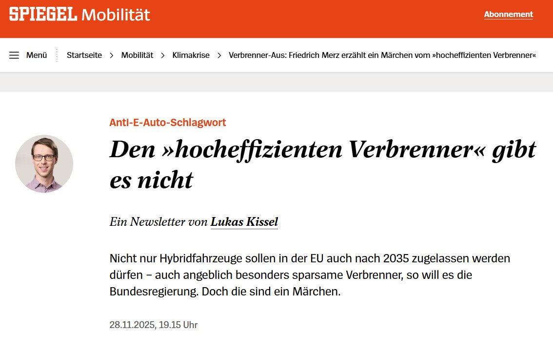 "Friedrich Merz erzählt ein Märchen vom »hocheffizienten Verbrenner«"

Ja, genau das erleben wir zur Zeit. 

Kein Verbrenner kann jemals effizienter werden als ein E-Auto. Die Physik wird sich niemals ändern. 

Man sollte nur noch Bundeskanzler wählen, die Physik verstehen.