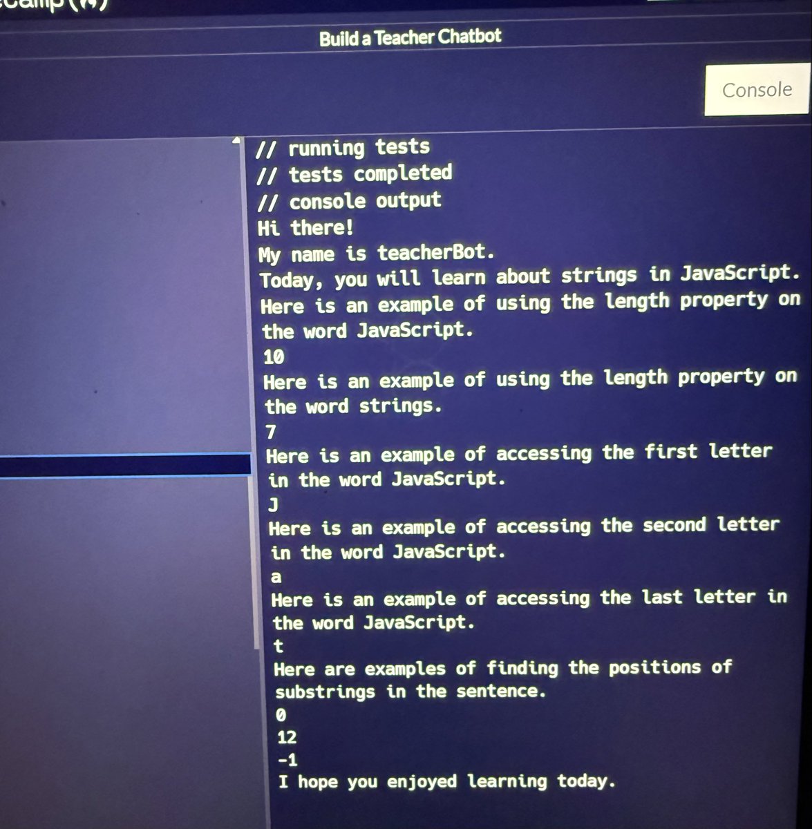 Ami_Dev's tweet image. Day 86: #100DaysOfCode
I completed the ‘Build a Teacher Chatbot’ workshop

Also completed theory on ‘Working with the String Character Methods’. I learnt about ASCII and how it works with charCode 
 #freeCodeCamp #WebDevelopment