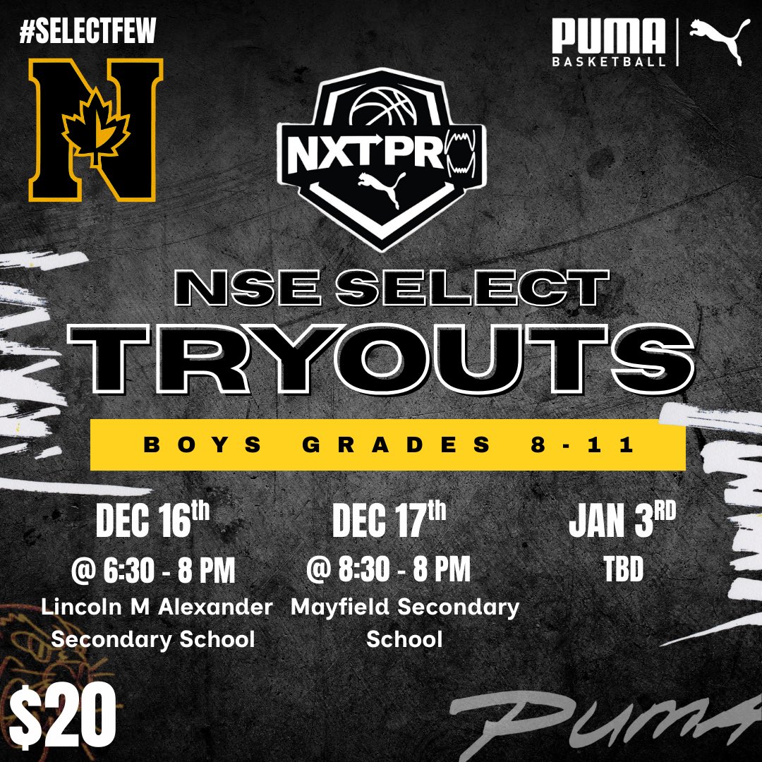 nseselect's tweet image. NSE Select Puma NXTPRO Tryouts !!!

Dec 16th, Dec 17th &amp;amp; Jan 3rd

Grades 8 - 11 | Spots Limited | $20

@NxtProHoops @PUMAHoop #SelectFew #PumaNXTPRO