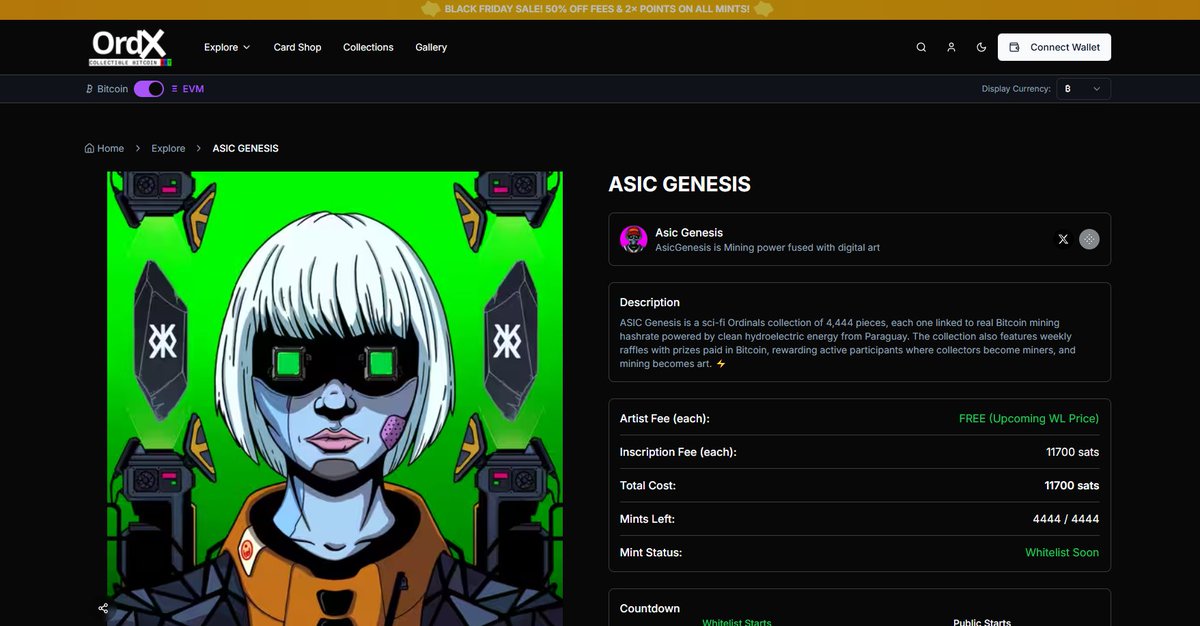 OrdXcom's tweet image. New mint from @ASICGenesis will begin OG WL phase very soon! Public phase in ~2 days.

ASIC Genesis is a sci-fi Ordinals collection of 4,444 pieces, each one linked to real Bitcoin mining hashrate powered by clean hydroelectric energy from Paraguay. 

Mint:…