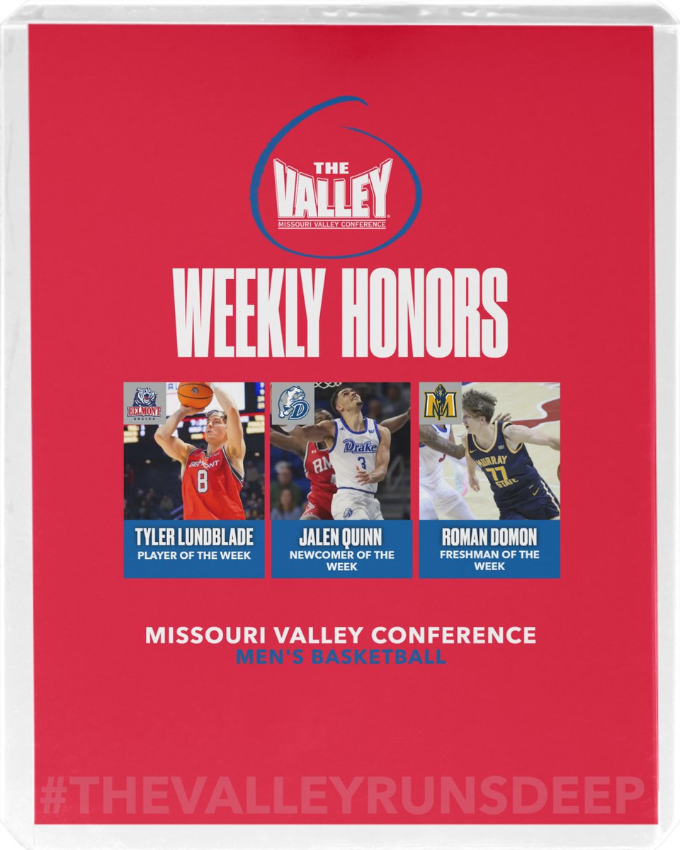 MVCsports's tweet image. MVC MEN&apos;S BASKETBALL WEEKLY AWARDS❗

🏆Player of the Week:  Tyler Lundblade @belmont_mbb
🏆Newcomer of the Week:  Jalen Quinn @drakembb
🏆Freshman of the Week:  Roman Domon @racershoops

MORE:  bit.ly/3Y7h8qV

#TheValleyRunsDeep