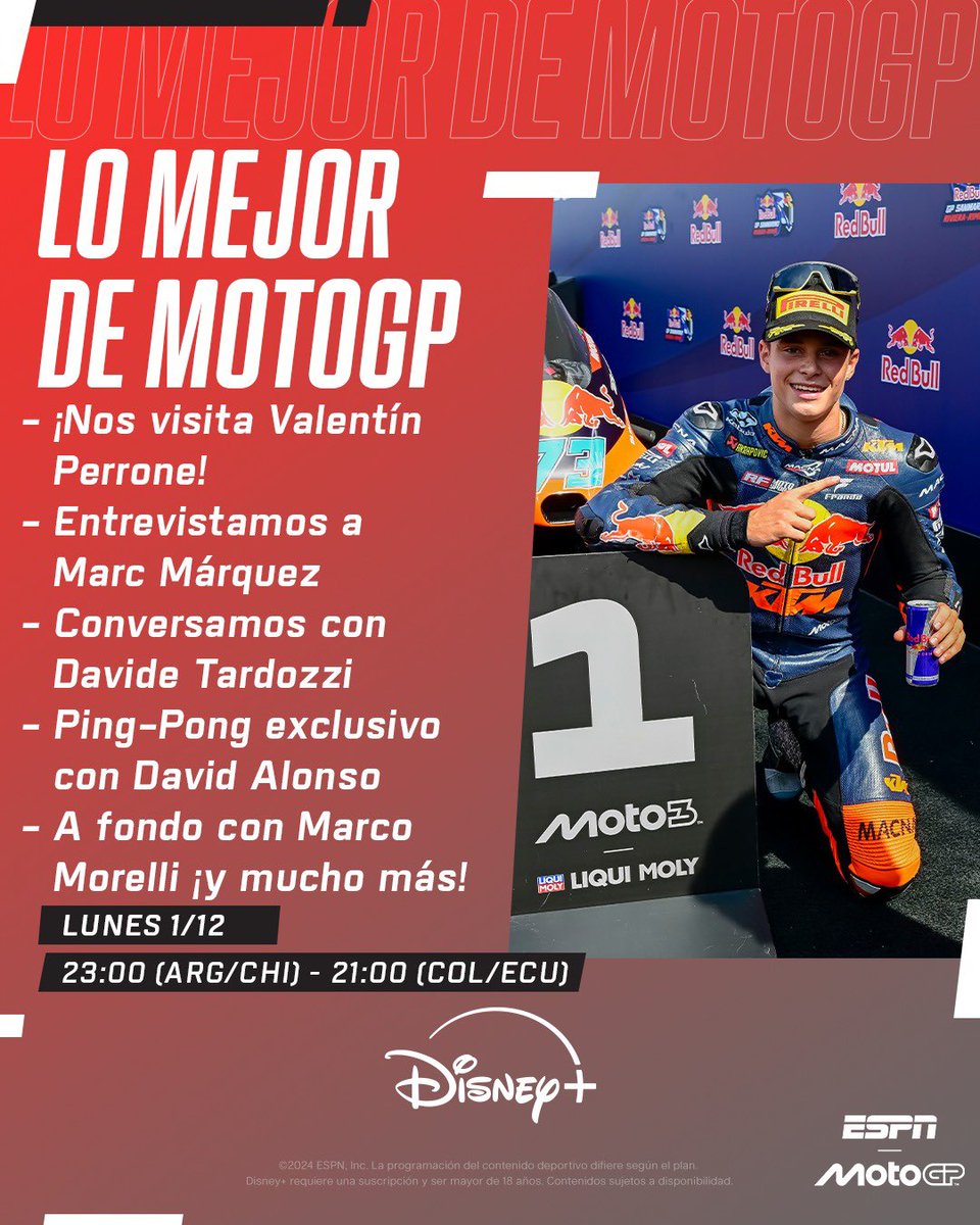 💣 Edición XXL de “Lo mejor de MotoGP”

⌛️¡Una hora con entrevistas, informes y una visita de lujo: Valentín Perrone!

🕰️23:00🇦🇷🇨🇱/21:00🇨🇴🇵🇪
📺 ESPN3 💻 <a href="/disneyplusla/">Disney+ Latinoamérica</a>